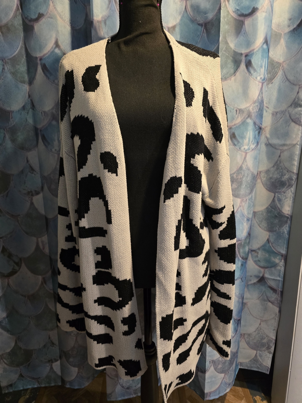 SHEIN Black and Cream Animal Print Open-Front Cardigan